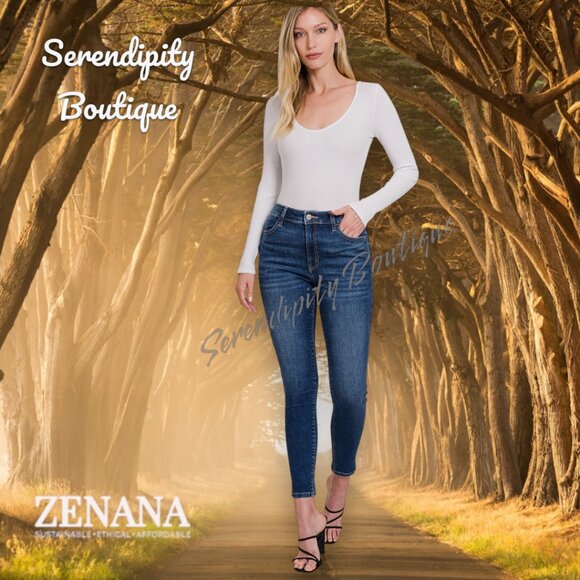 Zenana Super Stretch Skinny High Rise Lightly Distressed Dark Wash Denim Jeans - Picture 2 of 11